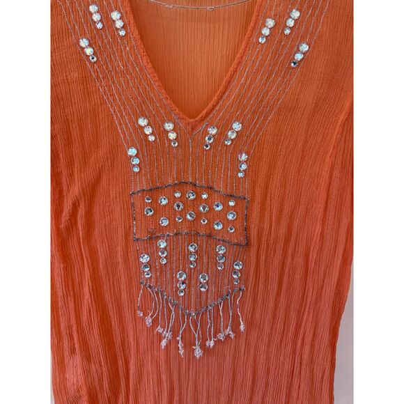BCBGMaxAzria Orange Silk Chiffon V-Neck Blouse with Sequins Detail Size Large - Picture 3 of 6